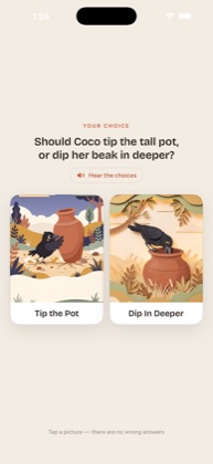 A choice point mid-story, asking whether Coco should tip the tall pot or dip her beak in deeper.