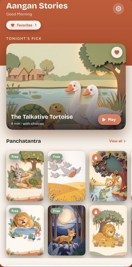 The Aangan Stories home screen — tonight's pick above a growing shelf of Panchatantra tales.