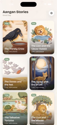 The Aangan Stories library, showing illustrated tales including The Thirsty Crow and The Lion and the Clever Rabbit.