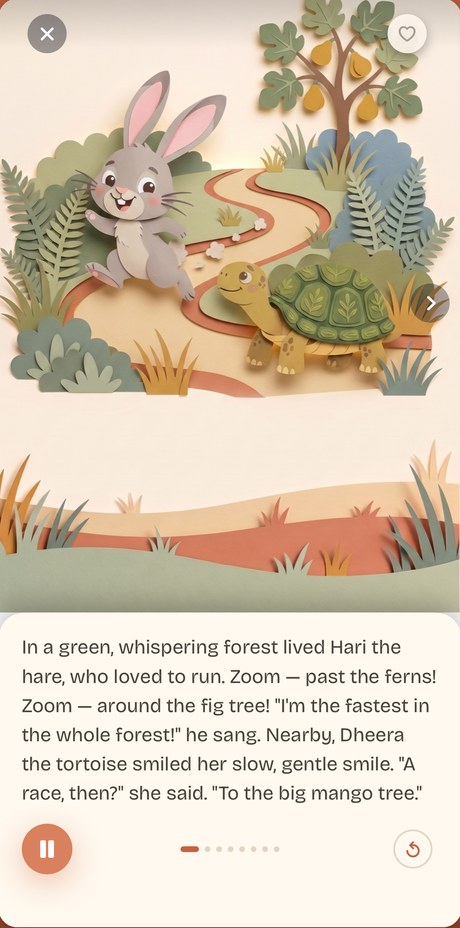 A story page from The Hare and the Tortoise — Hari the hare and Dheera the tortoise in a paper-cut forest, with narration text below.