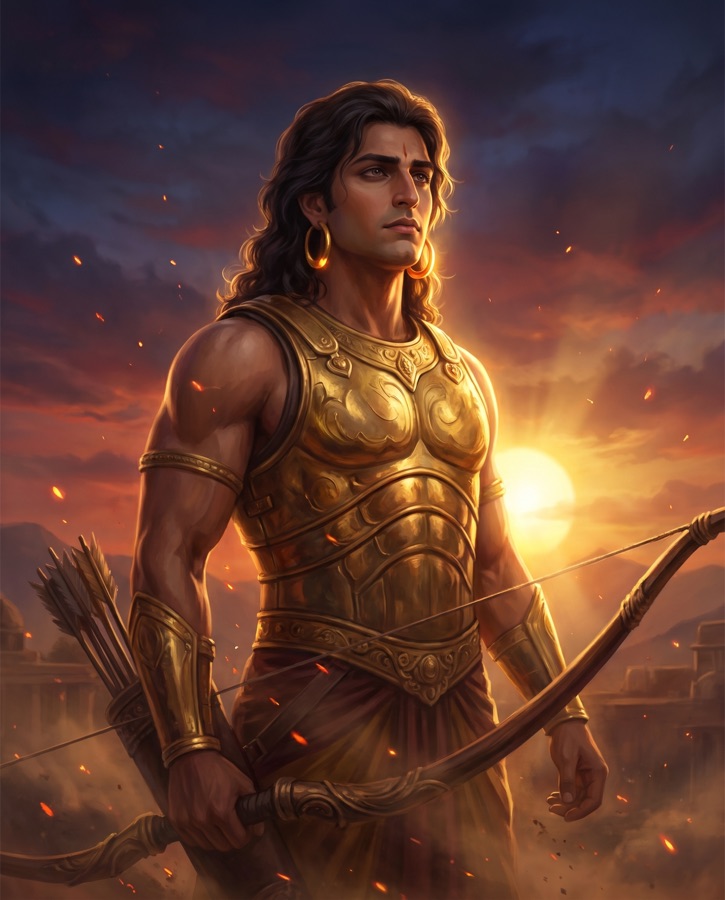 Karna in golden armour, bow in hand, against a setting sun